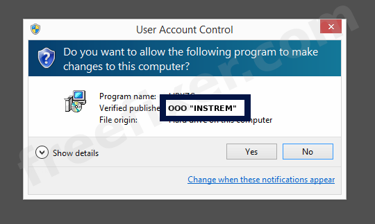 Screenshot where OOO "INSTREM" appears as the verified publisher in the UAC dialog